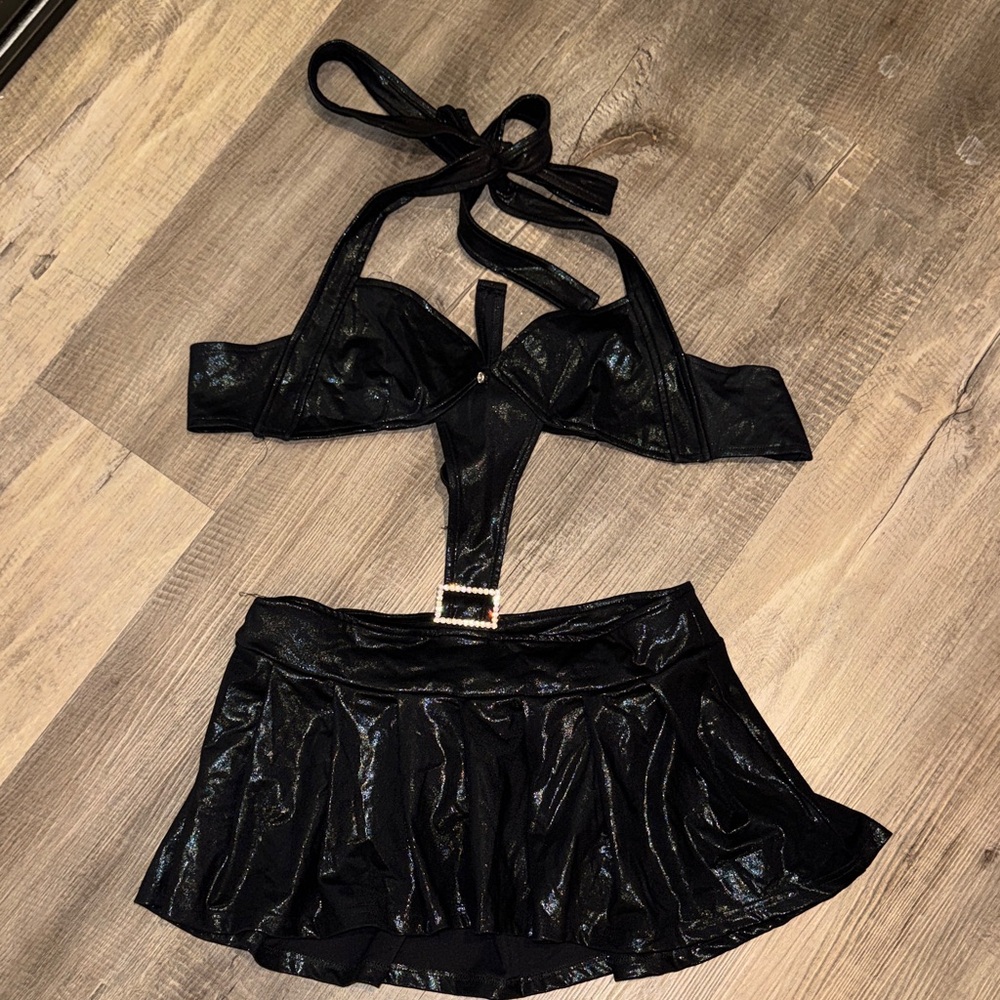 Black Shimmer Skirt Set with Bralette Top